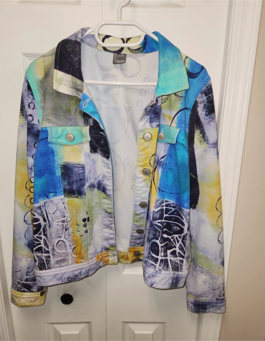 Chic Blue Yellow Abstract Print Denim Jacket - photo 2