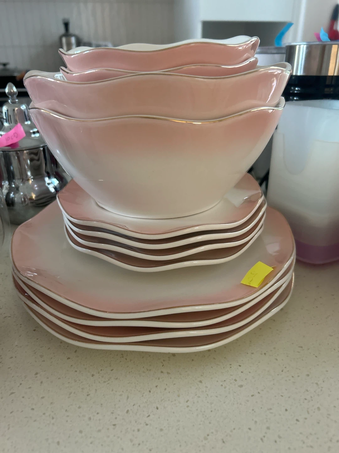 Pink and White Serving Bowls and Plates Set