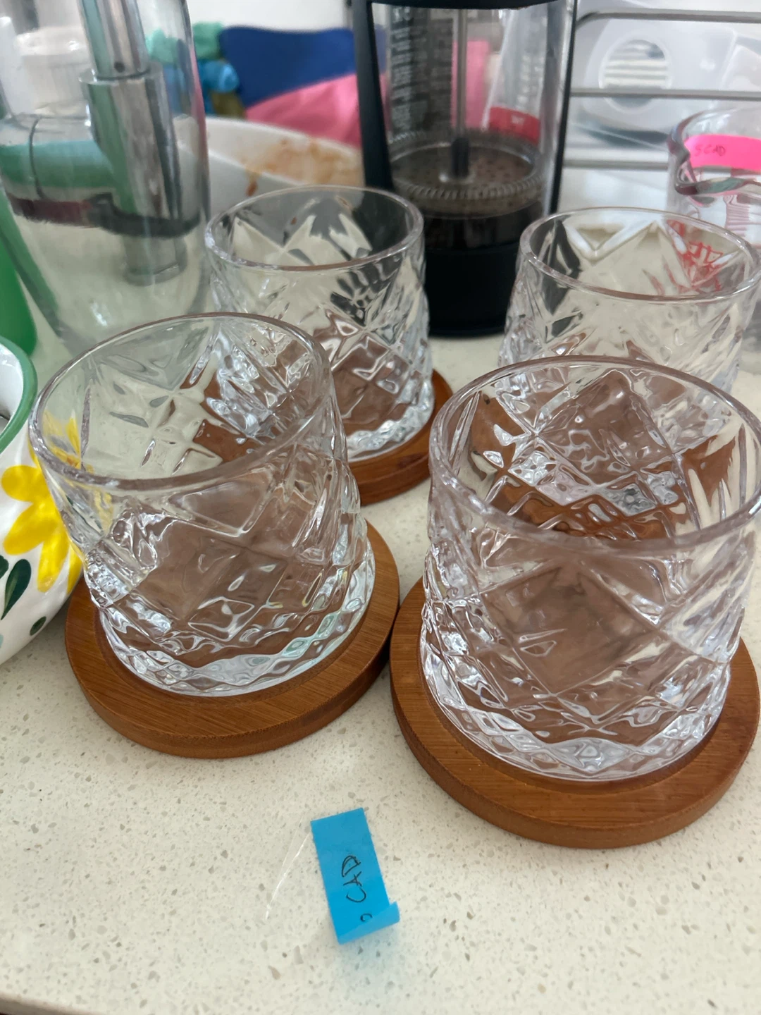 Set of 4 Crystal Cut Tumbler Glasses with Wood Coasters