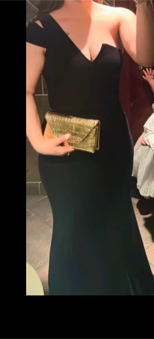 Women's Black Strapless Gown with Gold Clutch