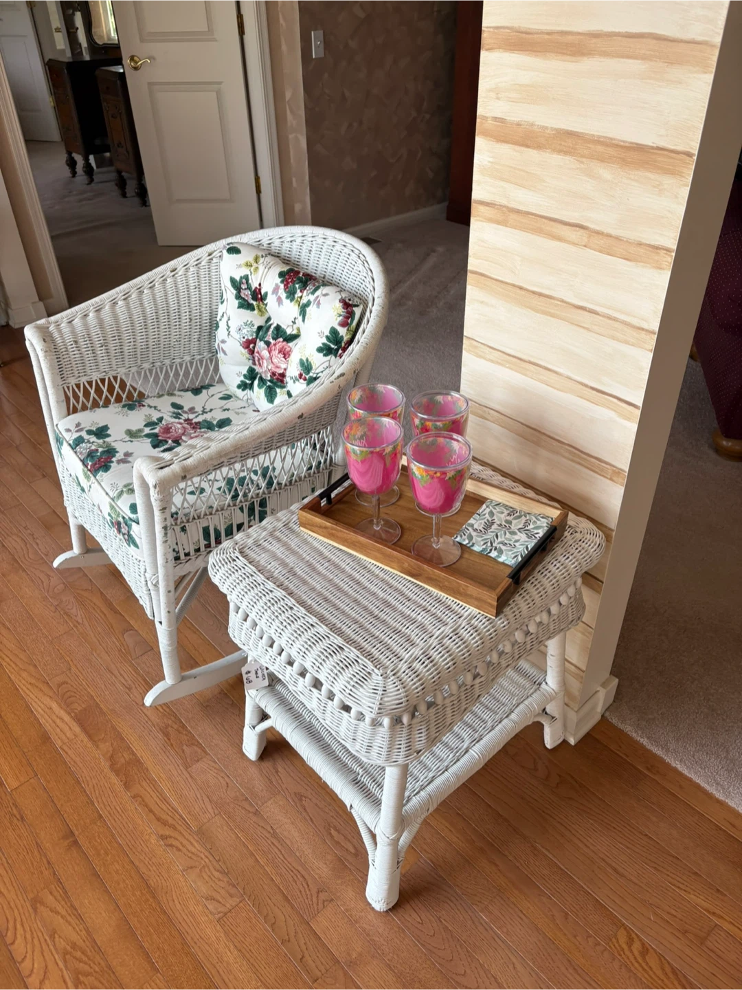 Wicker Loveseat with Floral Cushions - photo 2