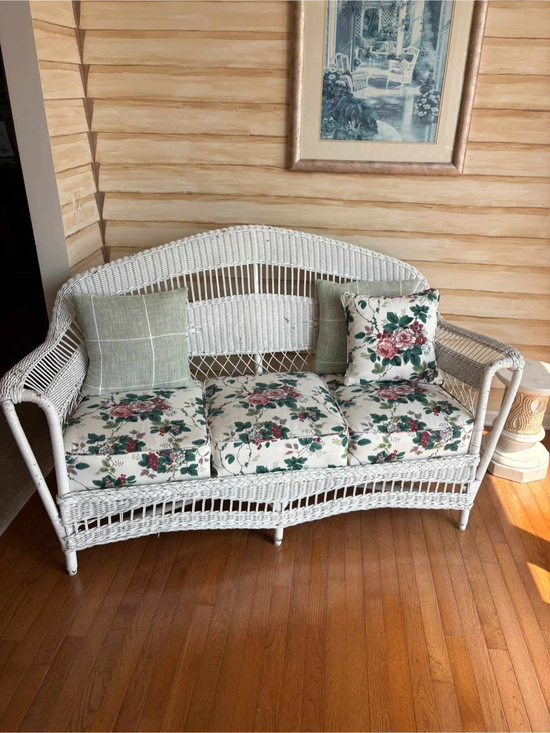 Wicker Loveseat with Floral Cushions - photo 3