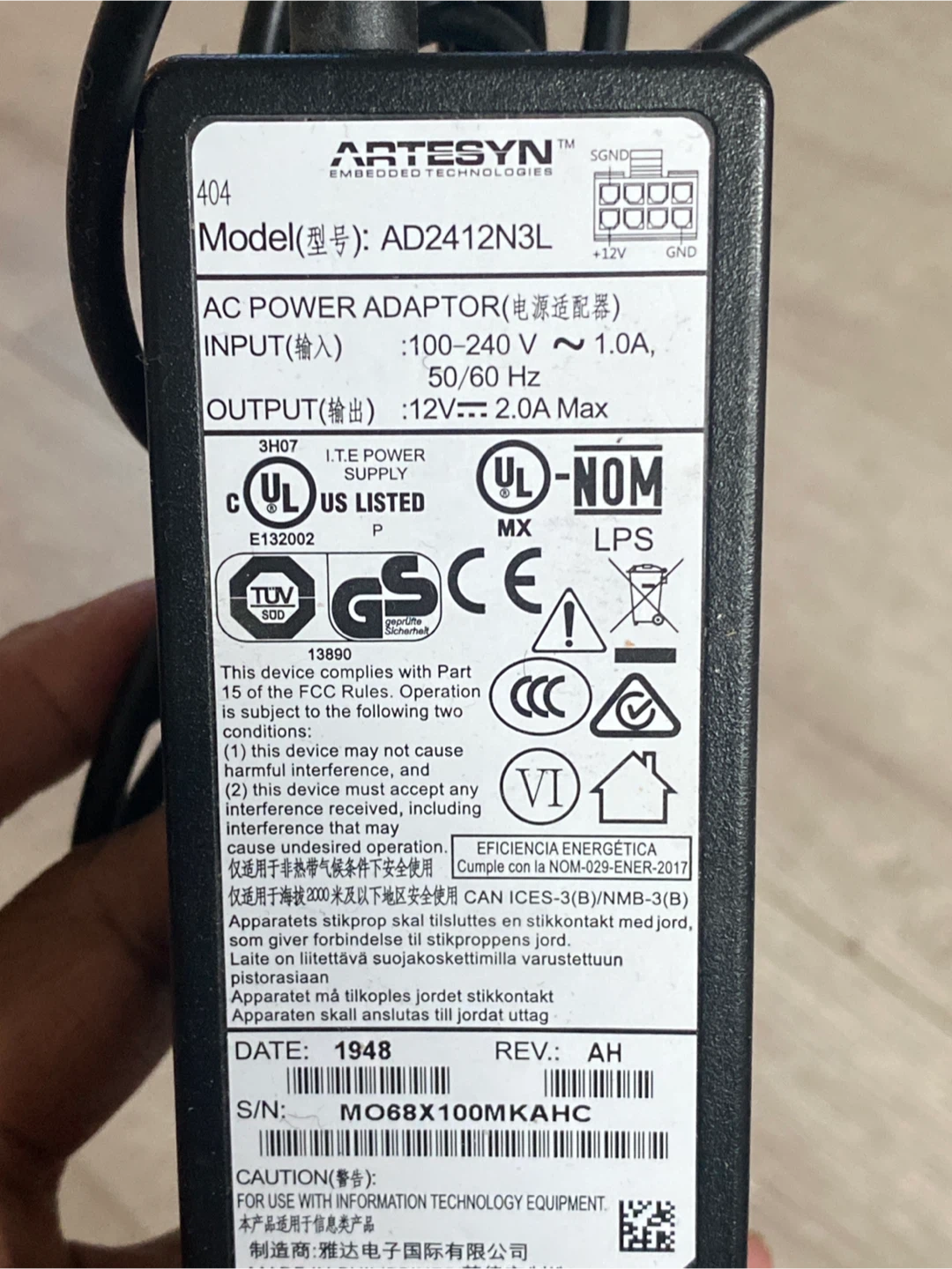 Artesyn AD2412N3L AC Power Adapter 100-240V 1.0A 50/60Hz - photo 3