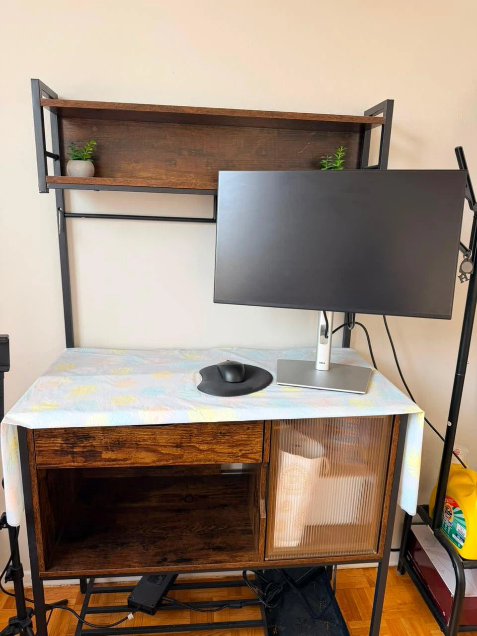 Black Office Chair with Striped Cushion and table