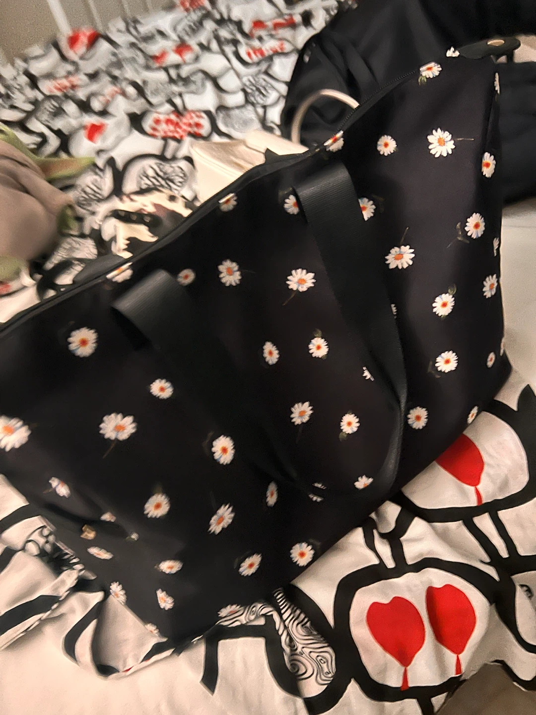 Black Daisy Print Tote Bag