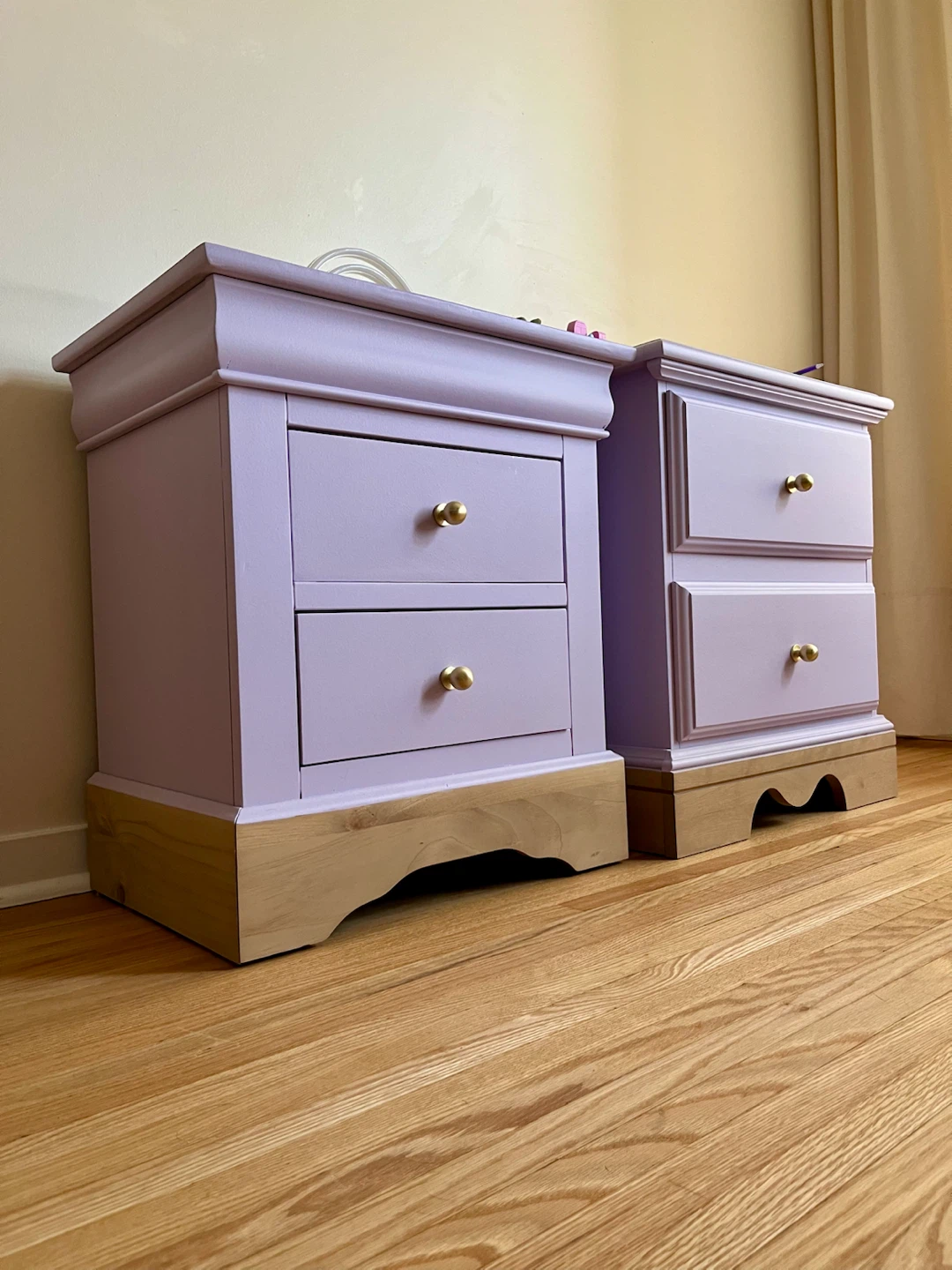 Pastel Purple Nightstands with Gold Knob Accents