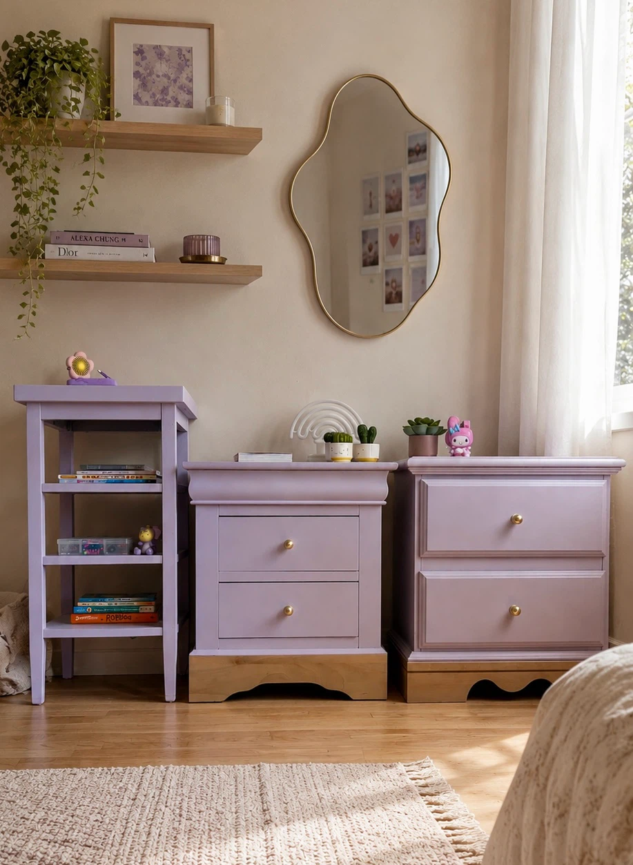 Pastel Purple Nightstands with Gold Knob Accents - photo 4