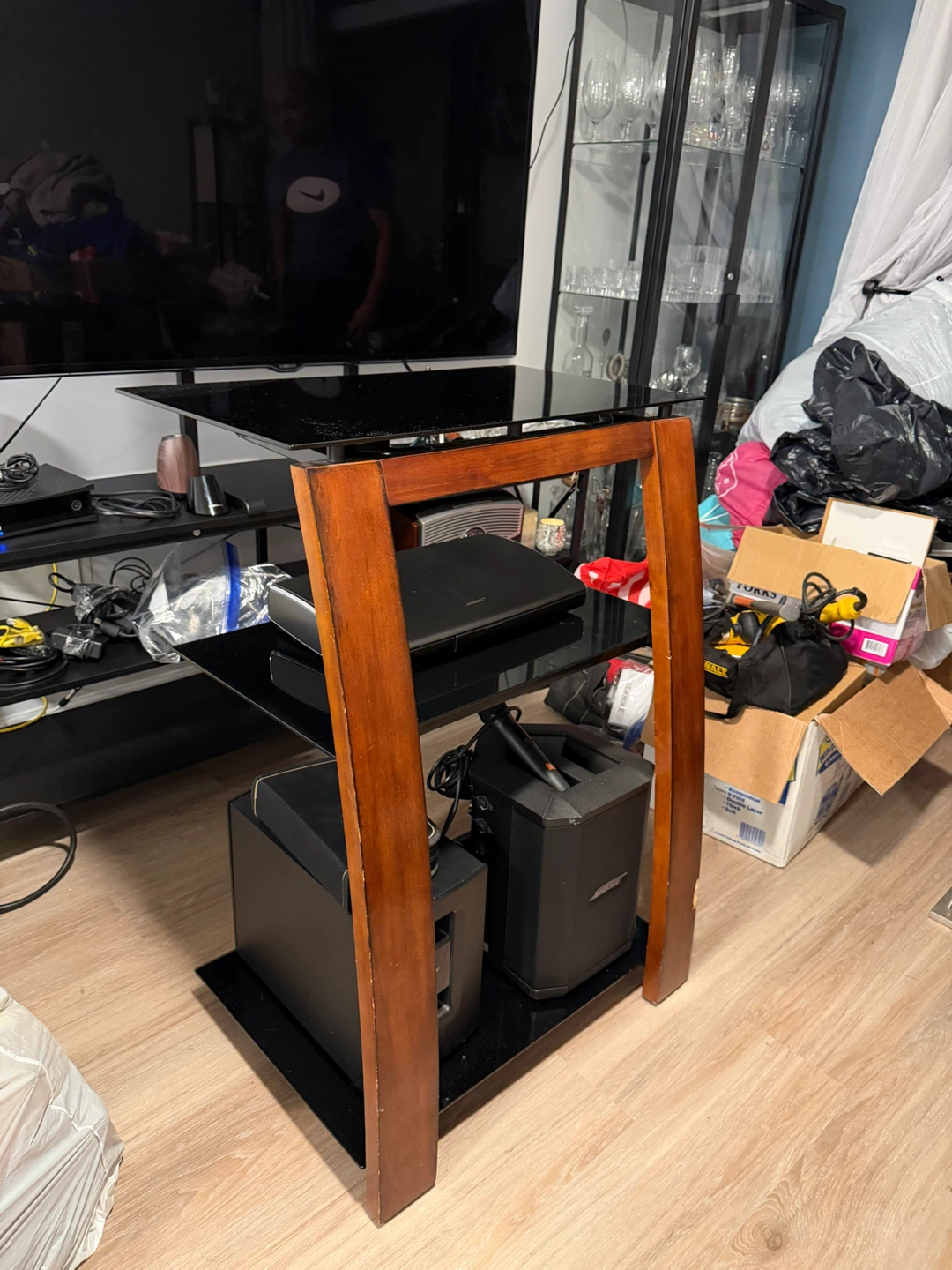 Wooden and Glass TV Stand with Shelves
