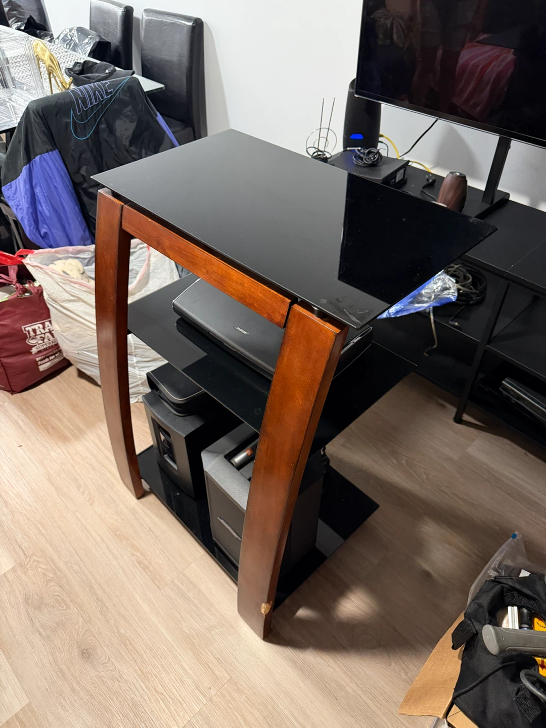Wooden and Glass TV Stand with Shelves - photo 3