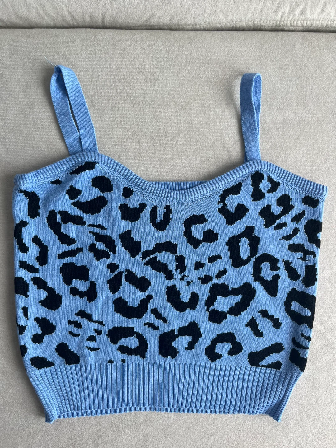 Blue Leopard Print Knit Crop Top