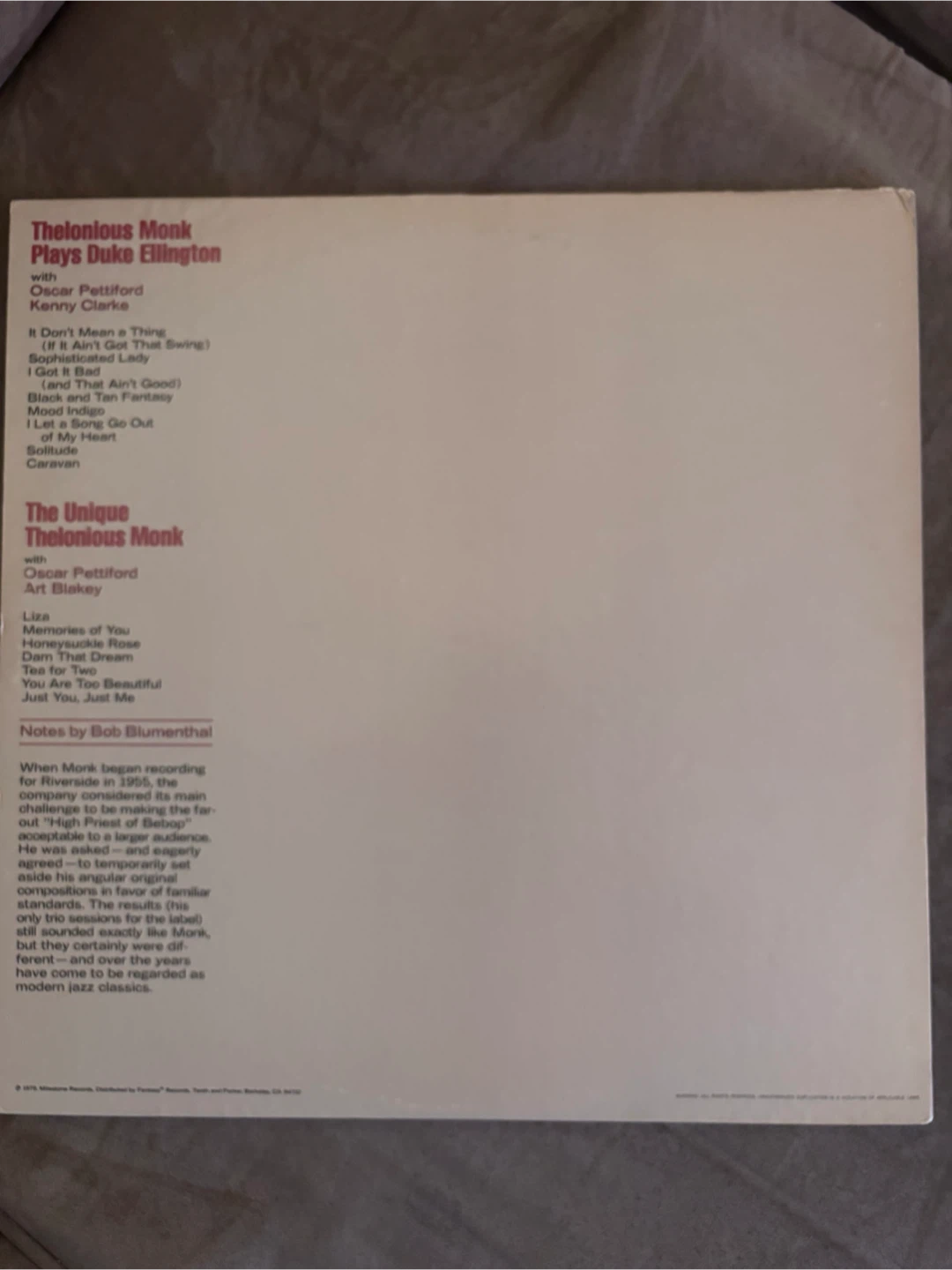 Thelonious Monk Riverside Trios Vinyl Record - photo 2