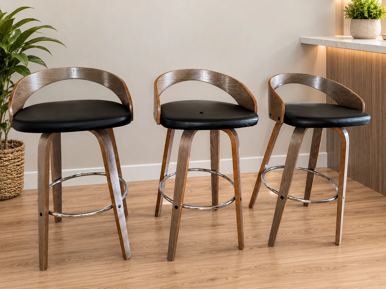 Set of 3 Swivel Bar Stools with Black Cushions and Wood Finish