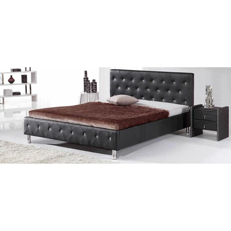 Black Faux Leather Tufted Bed Frame with Crystal Accents