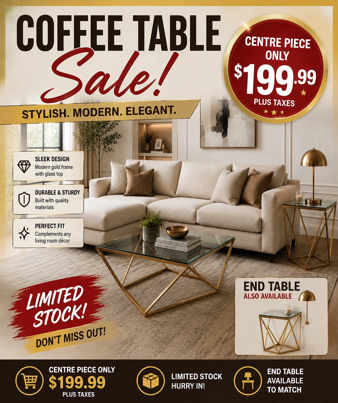 Modern Gold Frame Coffee Table with Glass Top