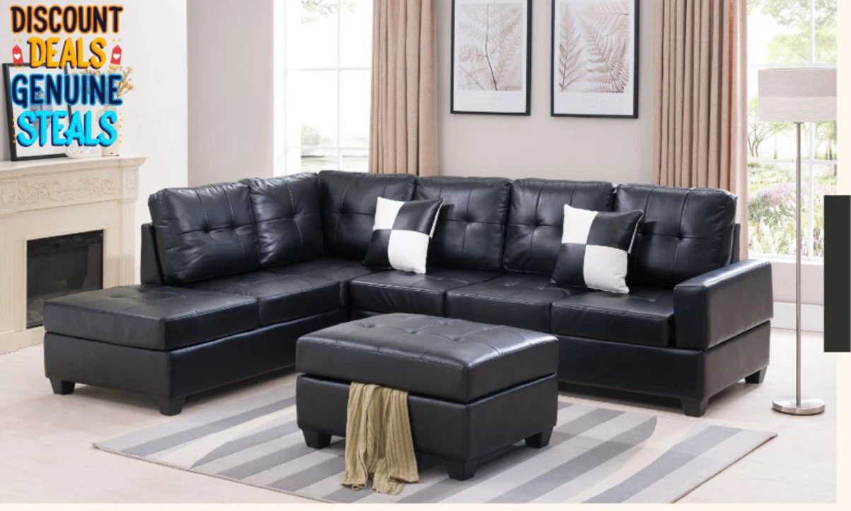 Black Faux Leather Sectional Sofa with Ottoman