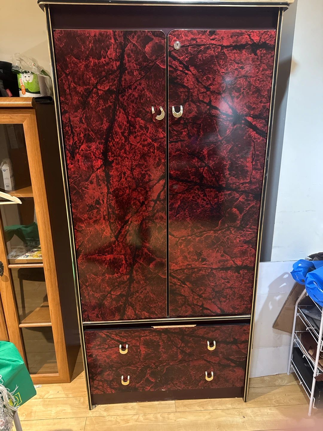 Red Marble Effect Wardrobe with Drawers