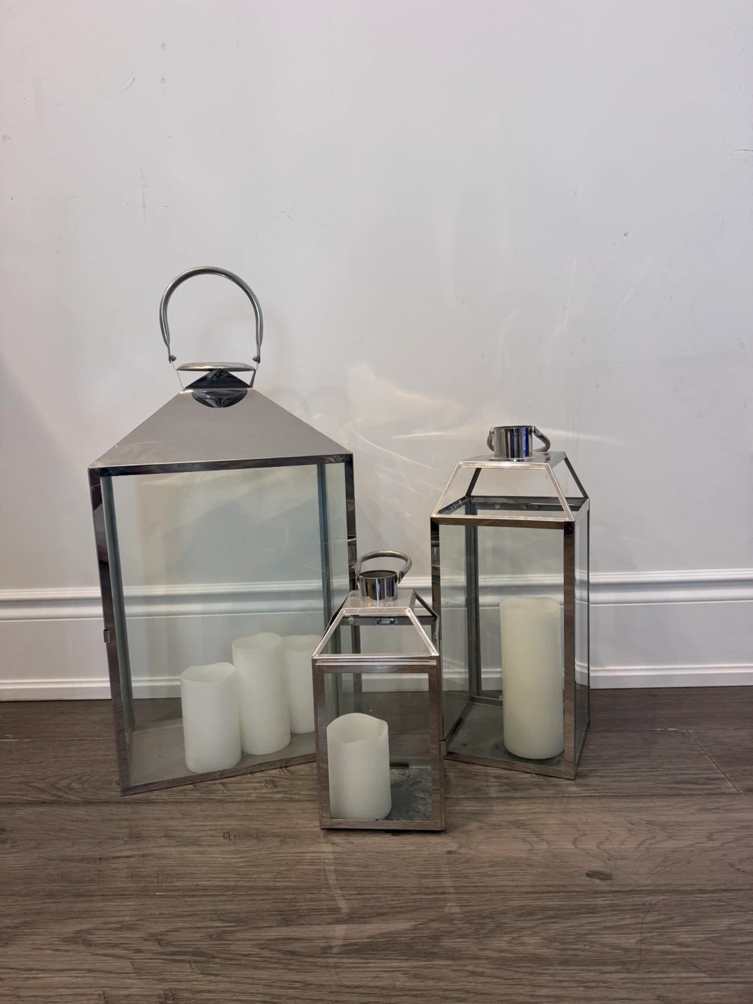 Set of 3 Metal & Glass Lanterns with LED Candles