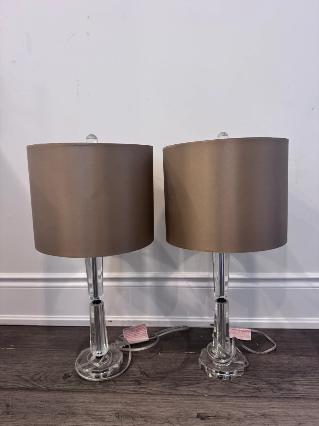 Pair of Acrylic Table Lamps with Taupe Shades