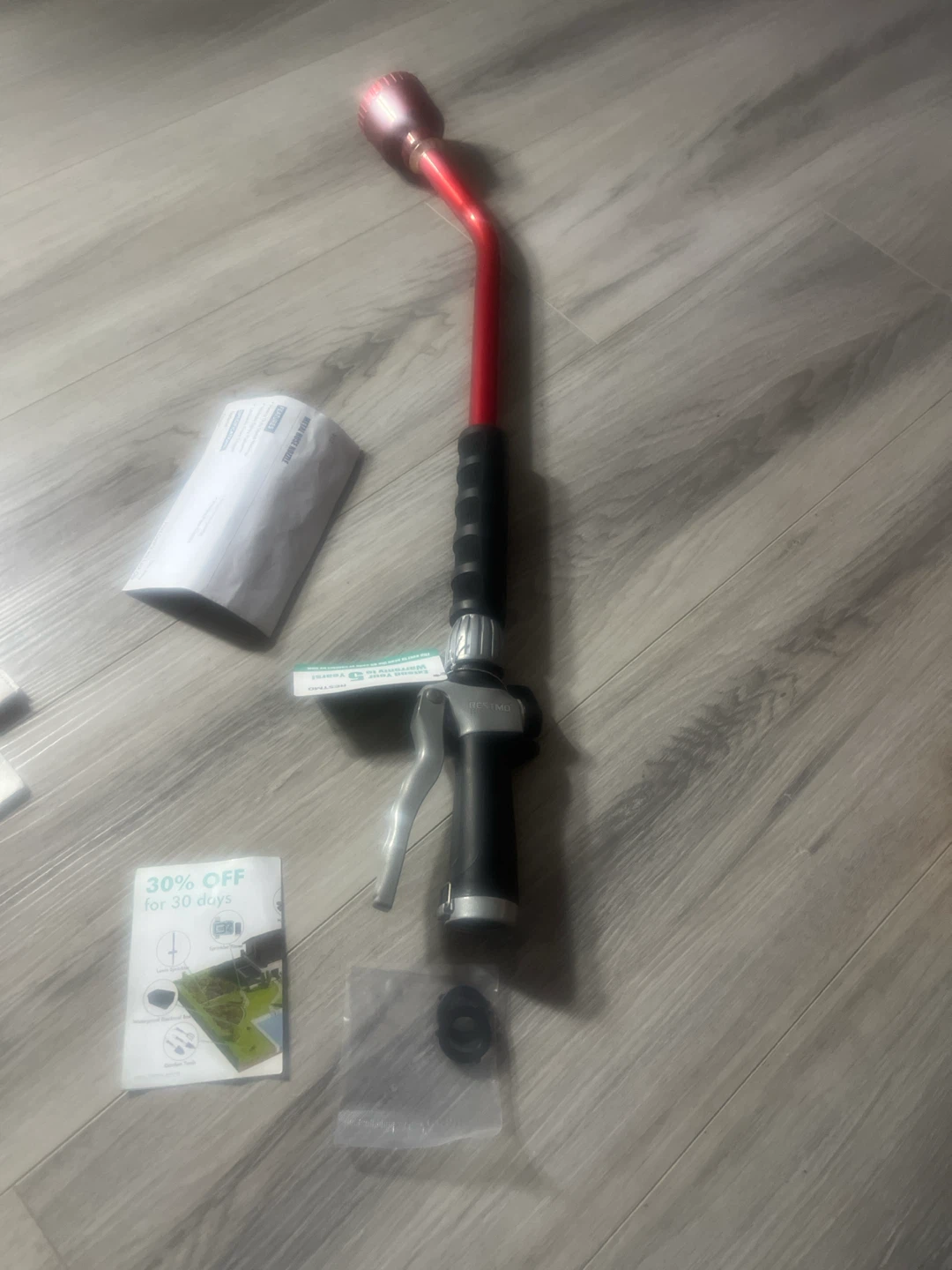 Red Metal Water Nozzle with Black Handle
