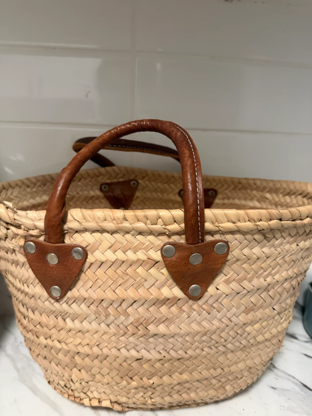Straw Basket with Leather Handles