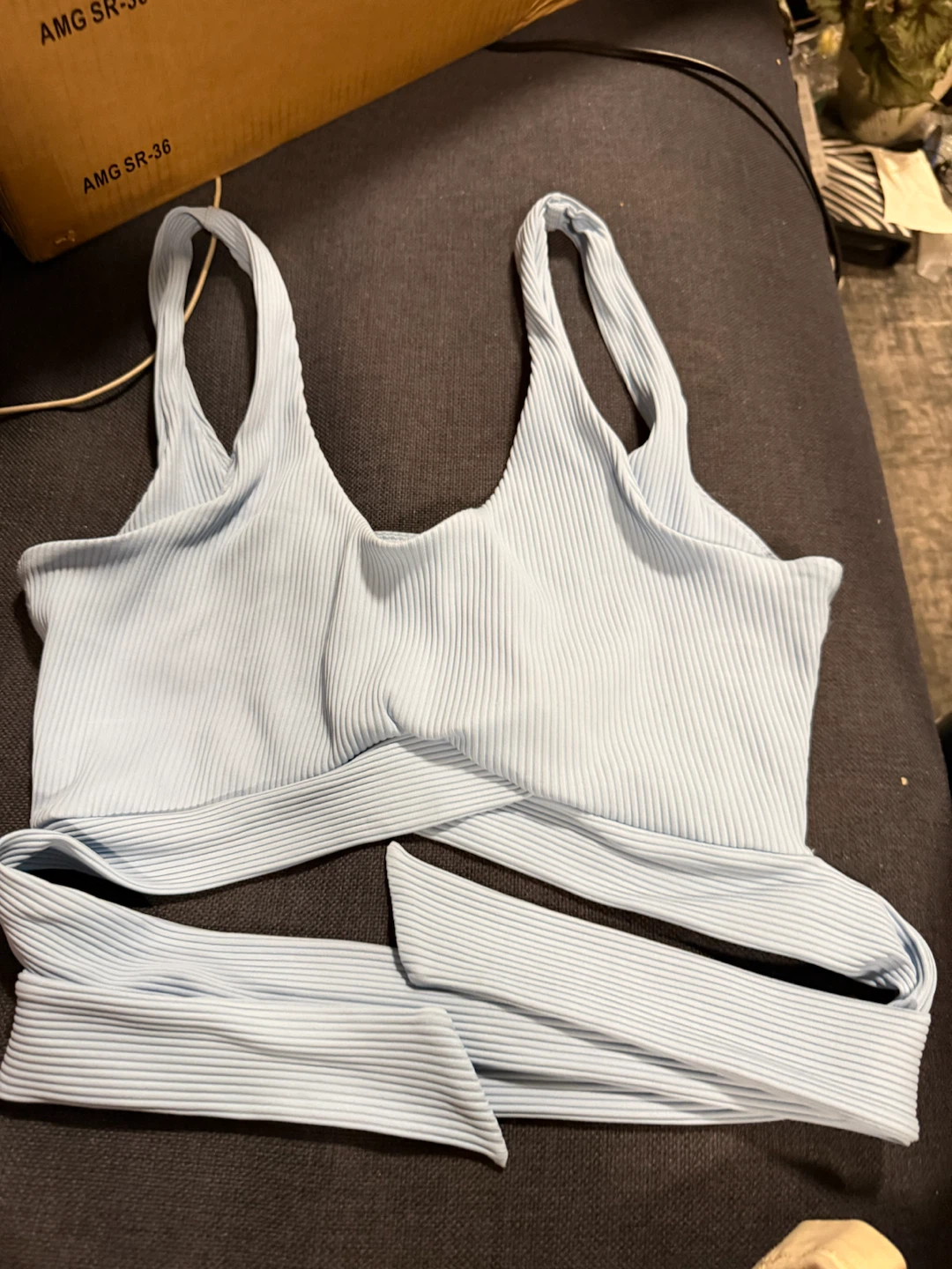 Love Tree Blue Ribbed Wrap Crop Top Size L