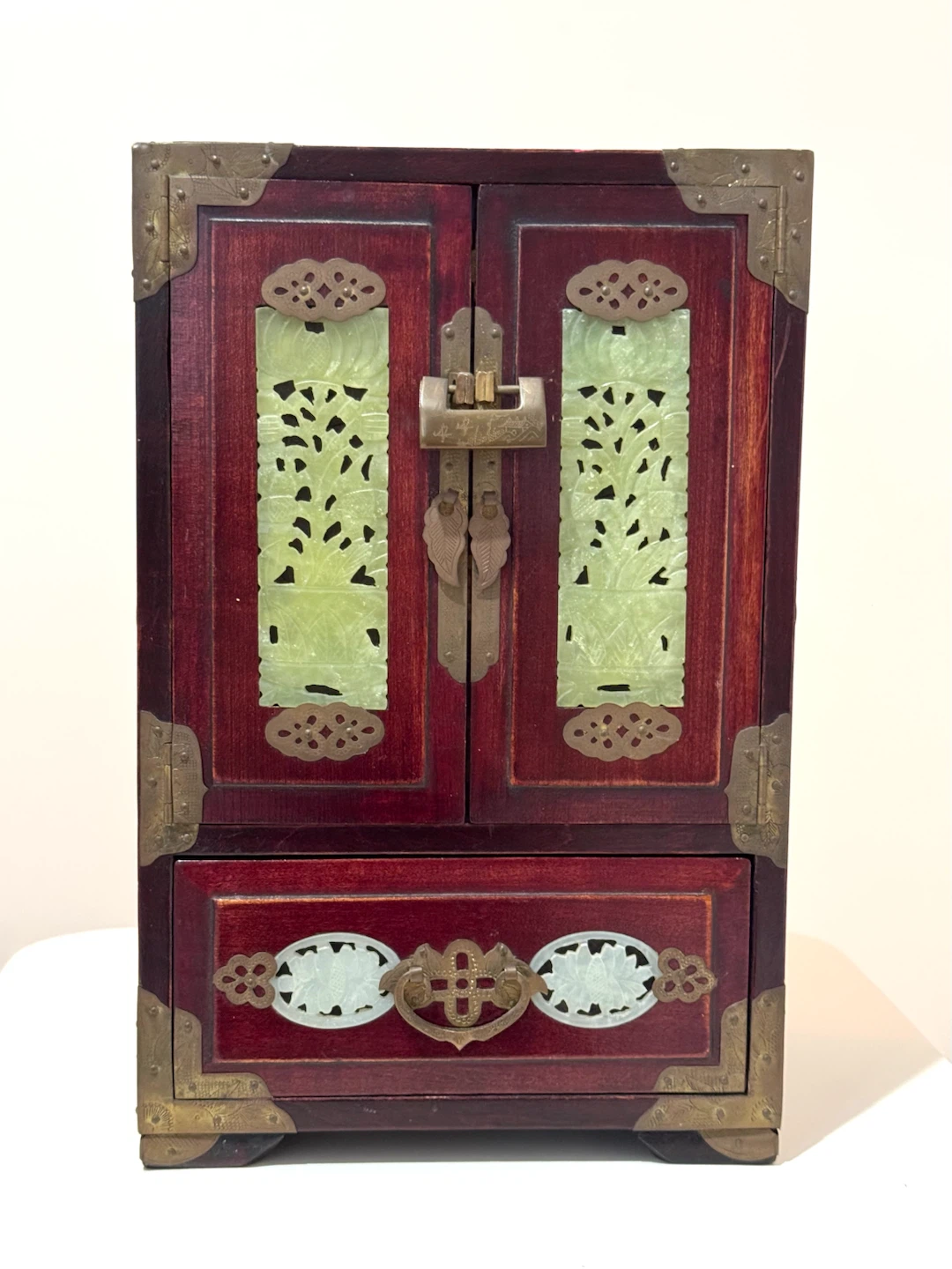Vintage Wooden Jewelry Box with Jade Inlays