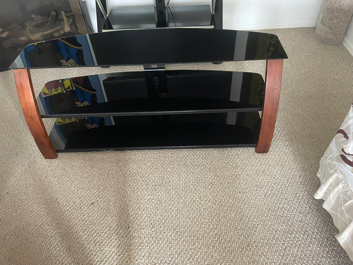 3-Shelf Black Glass TV Stand with Wood Accents - photo 2