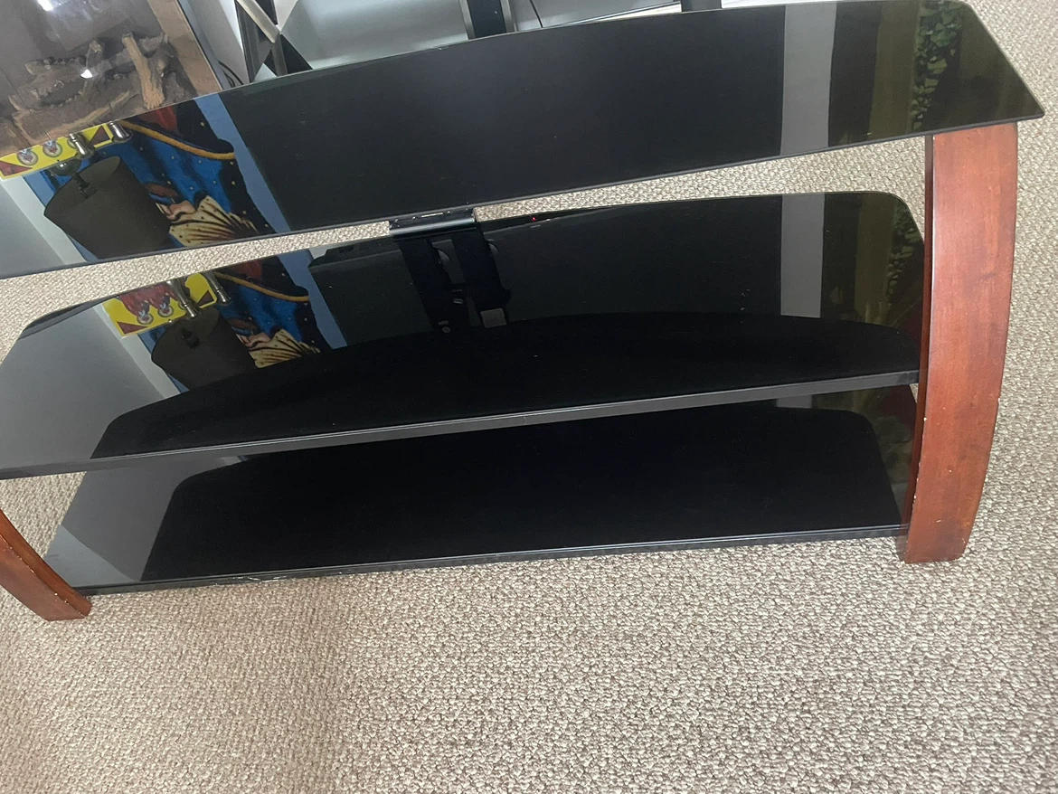 3-Shelf Black Glass TV Stand with Wood Accents - photo 3