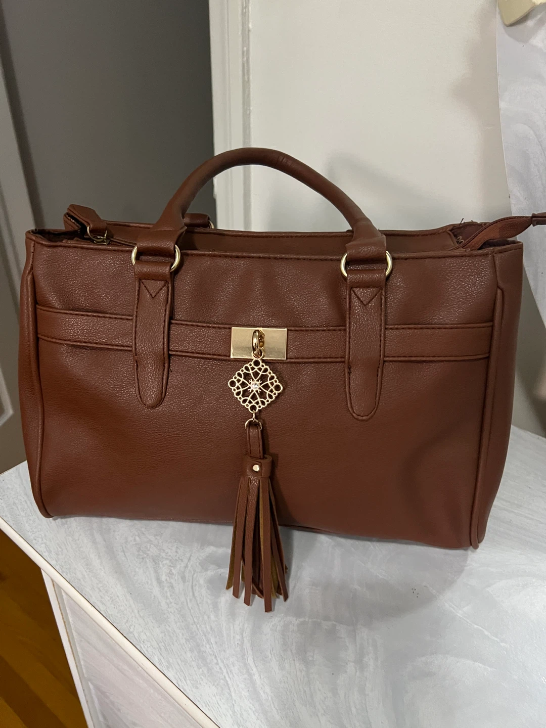 Brown Faux Leather Tote Bag