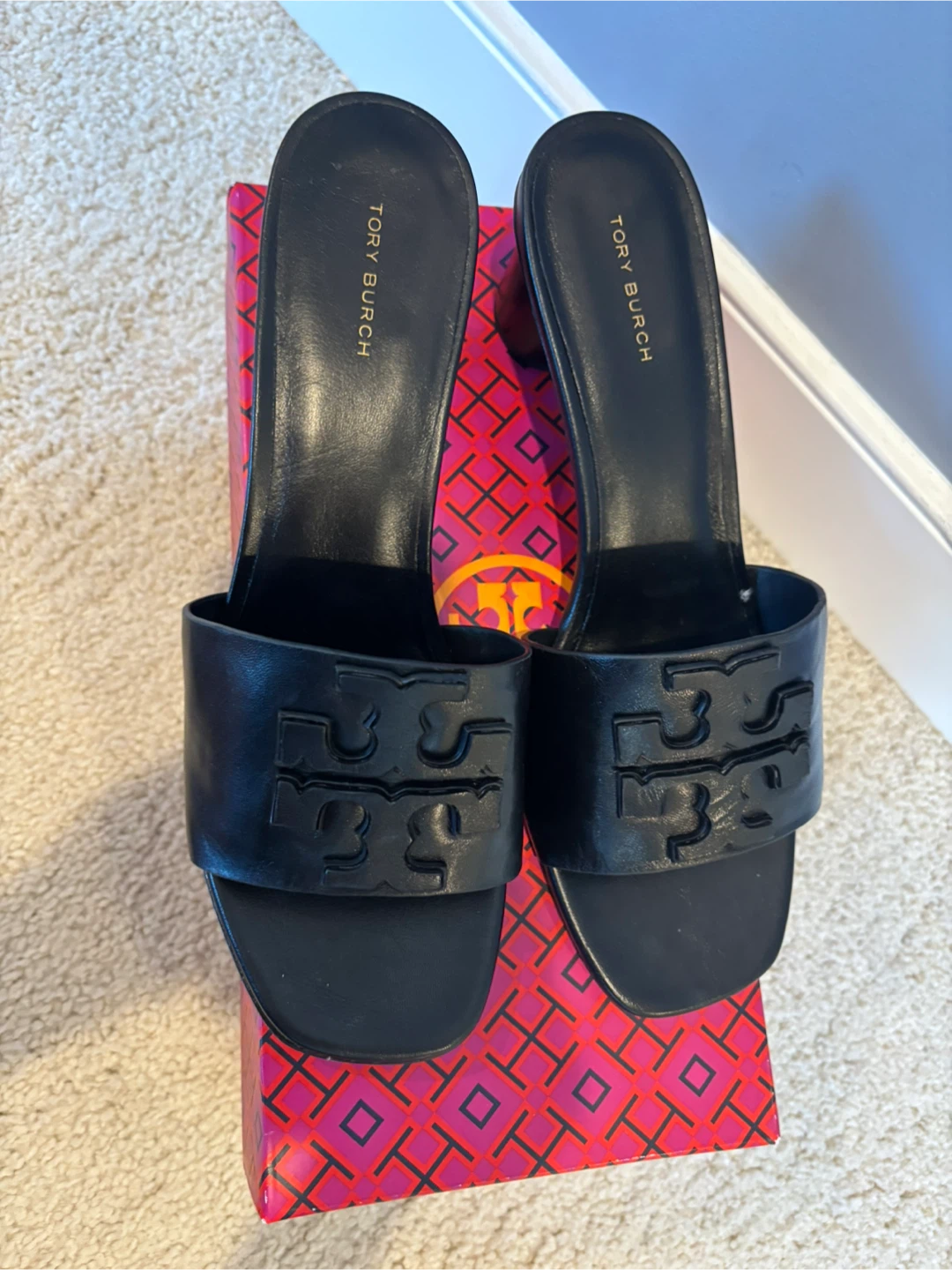 Tory Burch Double Stack Logo Mule Sandals Black Size 9.5