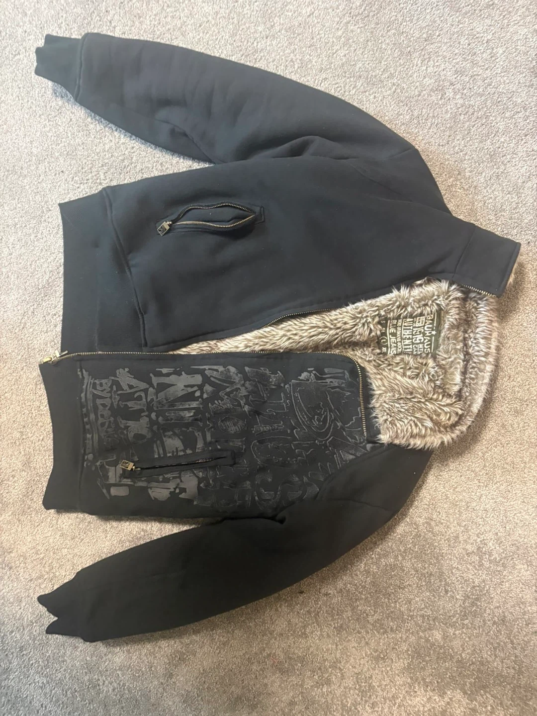 Black Authentic Zip-Up Hoodie with Faux Fur Lining