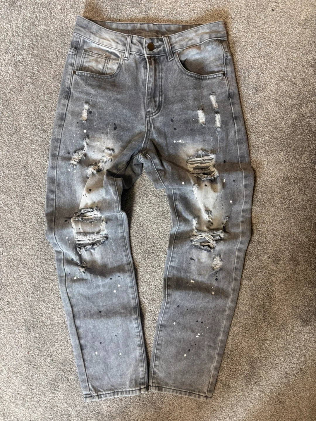 Grey Distressed Jeans with Paint Splatter
