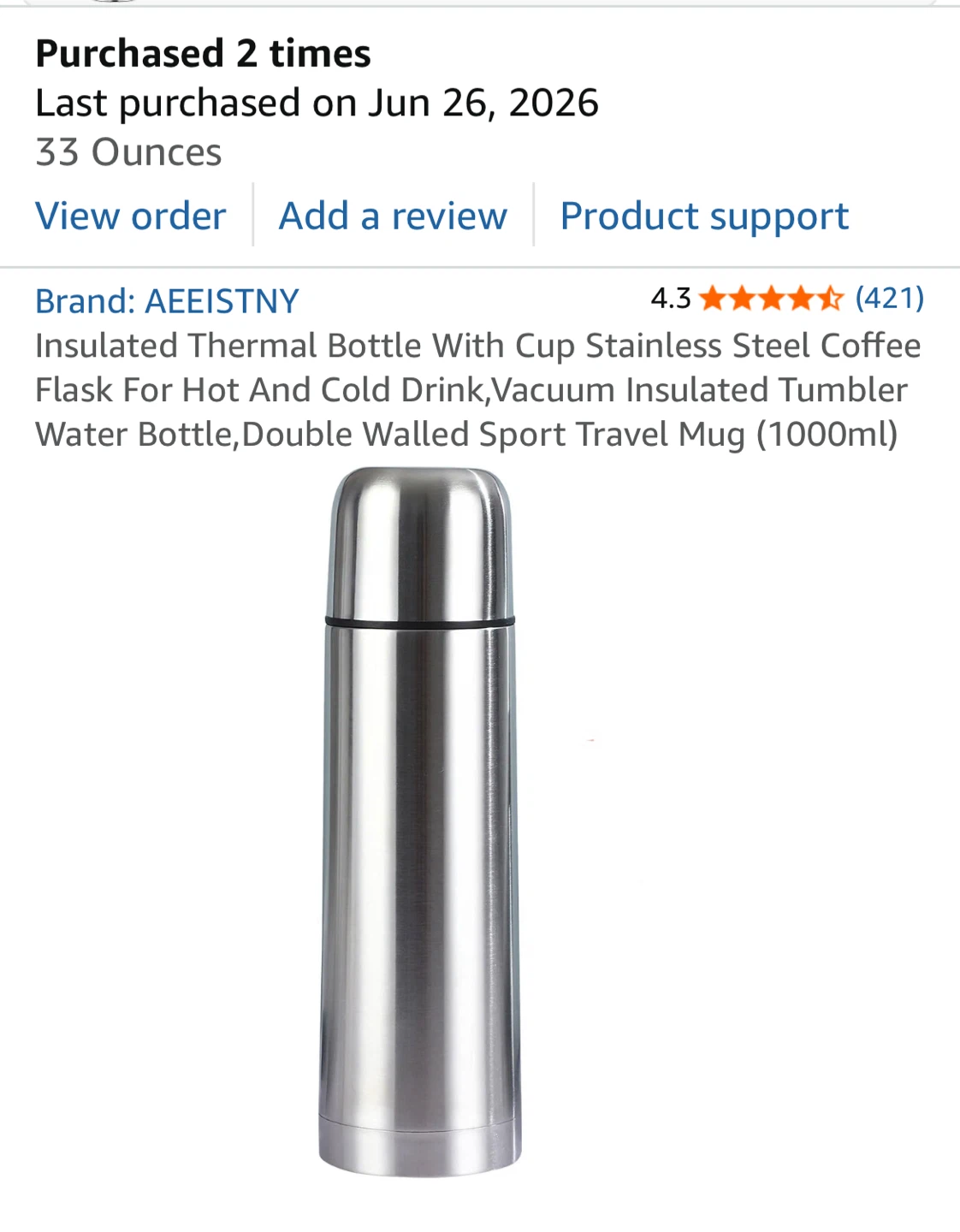 AEEISTNY Insulated Thermal Bottle 1000ml