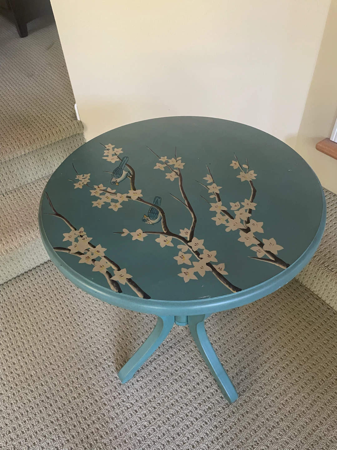 OBO Teal accent table with bird and floral design