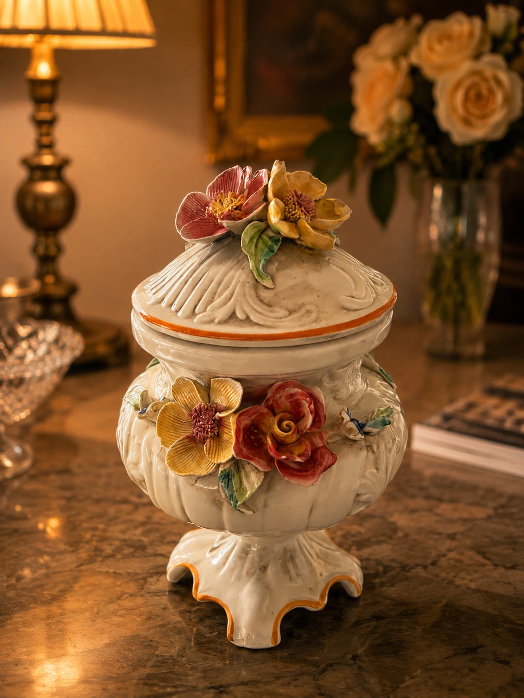 Vintage Ceramic Lidded Urn with Floral Appliques