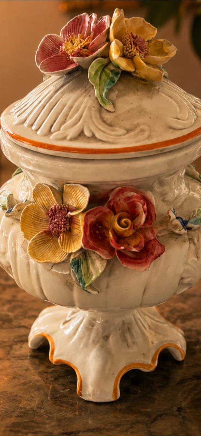 Vintage Ceramic Lidded Urn with Floral Appliques - photo 2