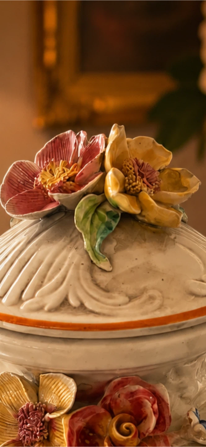 Vintage Ceramic Lidded Urn with Floral Appliques - photo 3