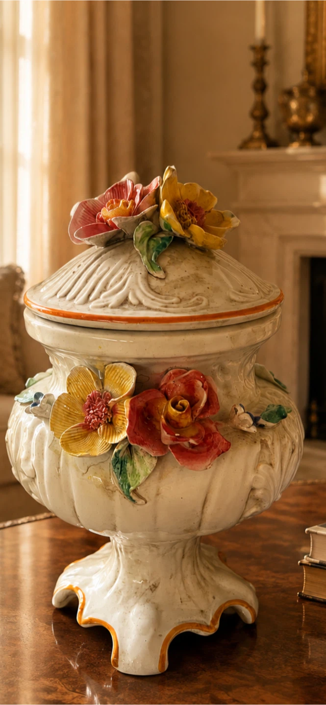 Vintage Ceramic Lidded Urn with Floral Appliques - photo 4