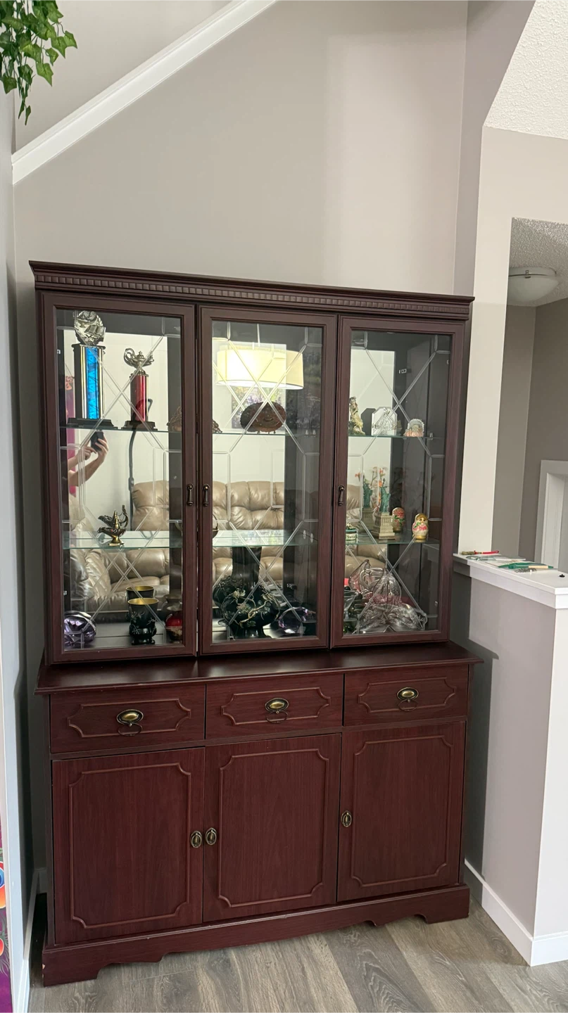 Dark Wood China Cabinet with Glass Doors & Built-In Lighting