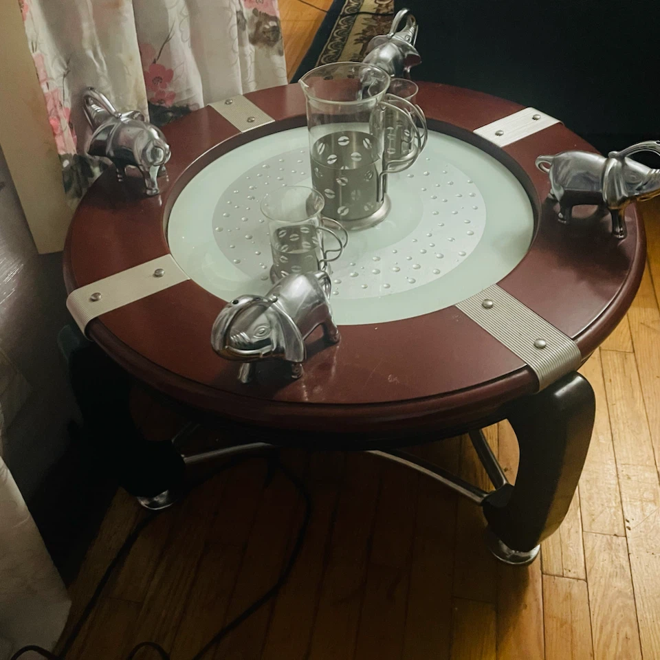 Round Coffee Table with Elephant Decor