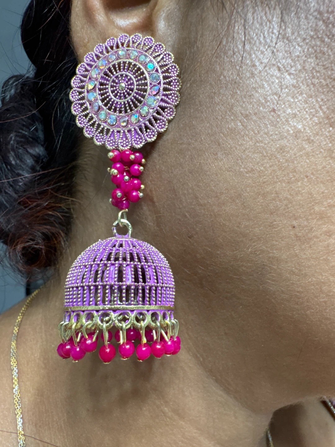 Purple Jhumka Earrings with Gold Accents