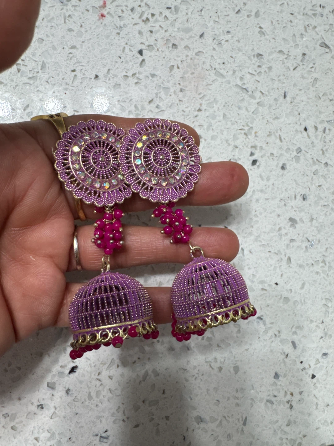 Purple Jhumka Earrings with Gold Accents - photo 2