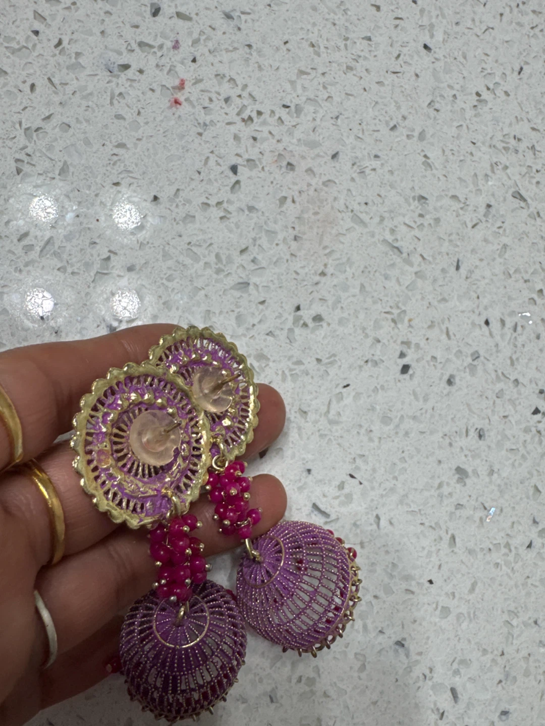 Purple Jhumka Earrings with Gold Accents - photo 3