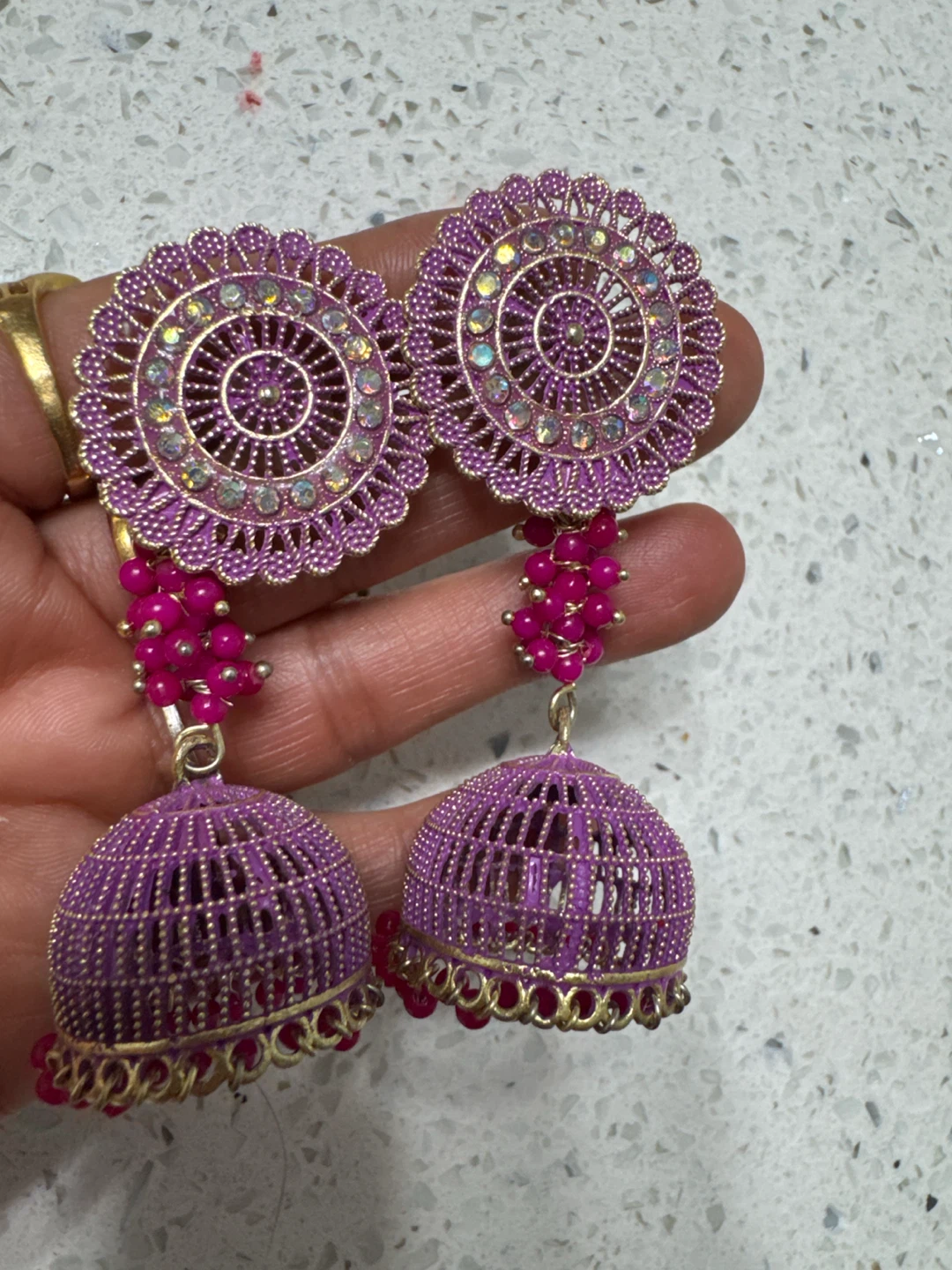Purple Jhumka Earrings with Gold Accents - photo 5