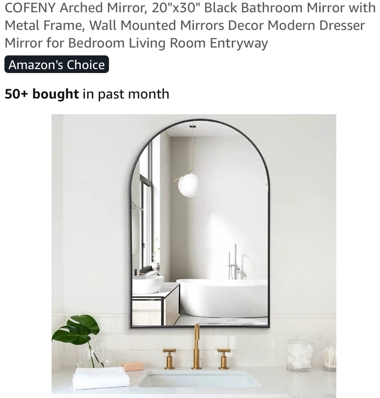 New Arched Mirror, 20"x28" Black Metal Frame