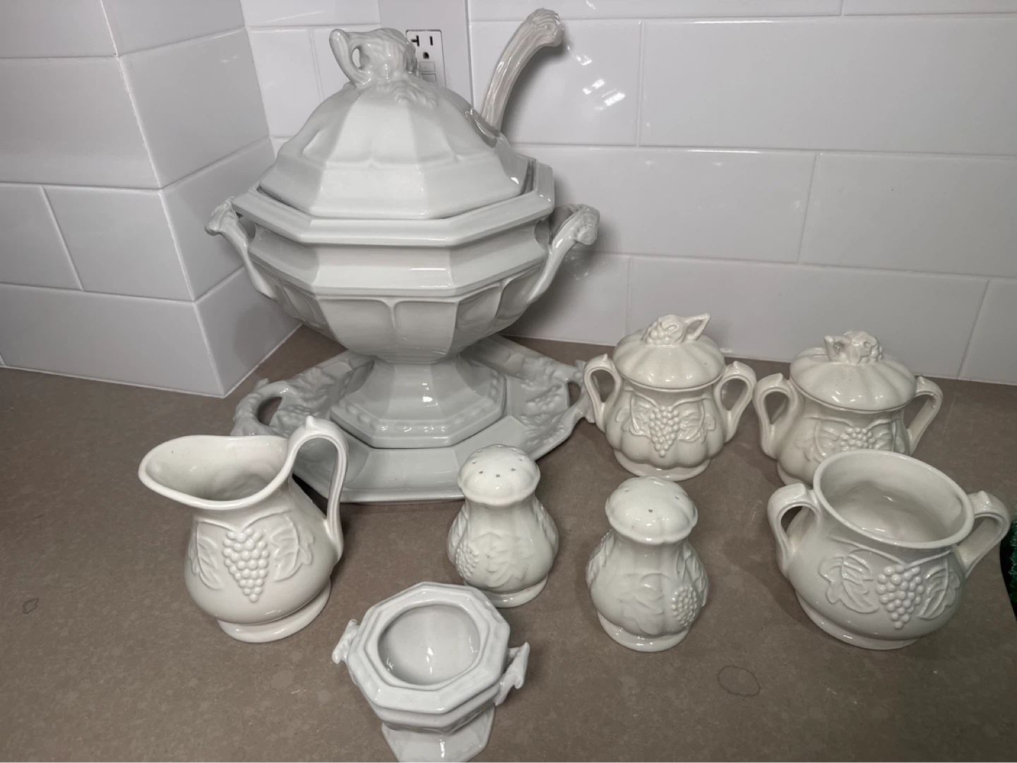 White Ceramic Pitcher with Grapevine Design