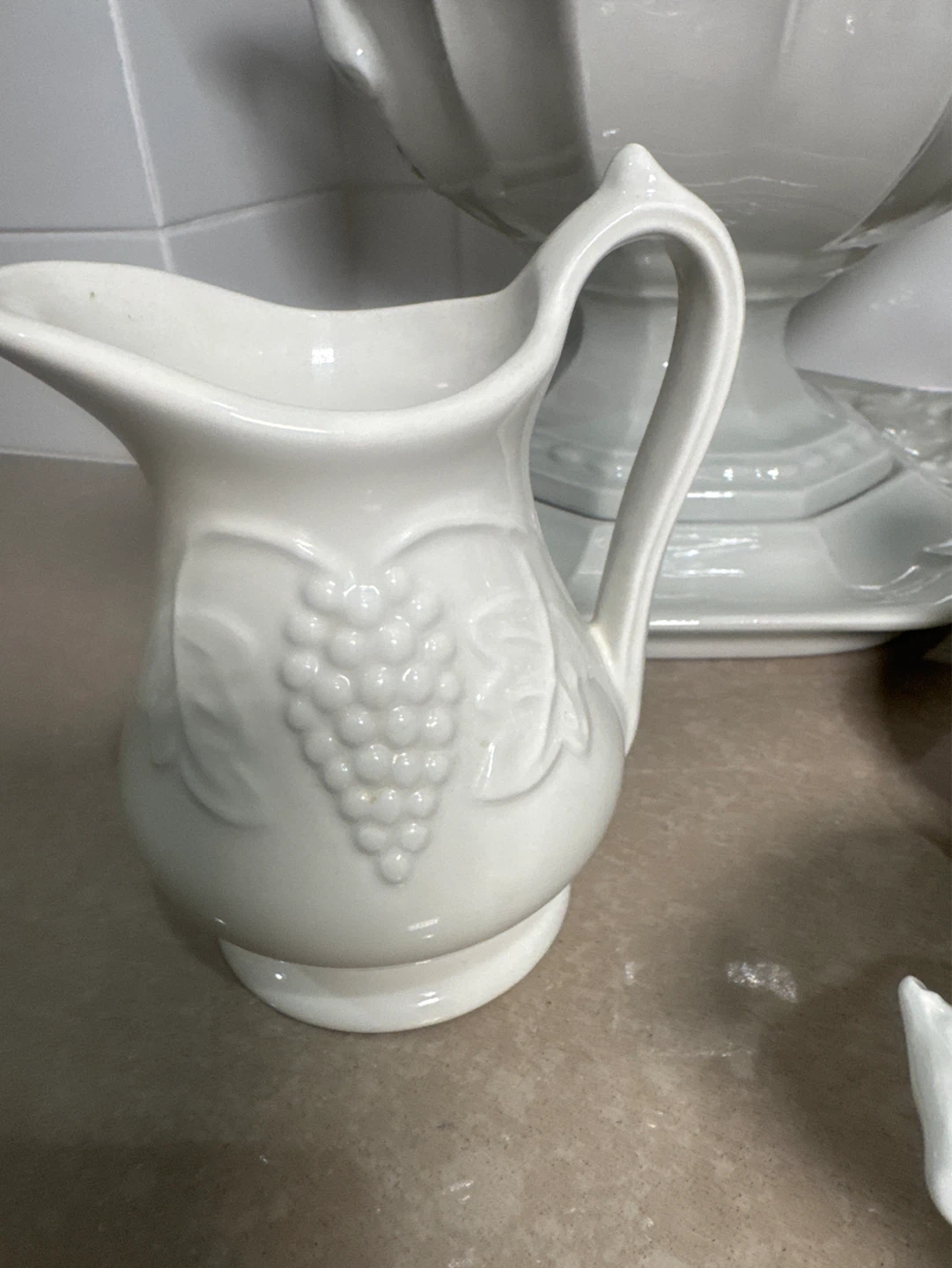 White Ceramic Pitcher with Grapevine Design - photo 2