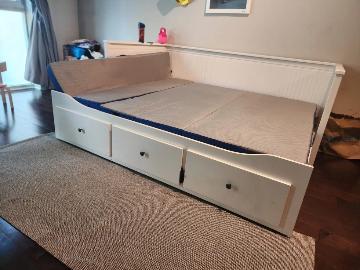 White Sofa Cum Bed with Drawers and Memory Foam Sealy Mattress