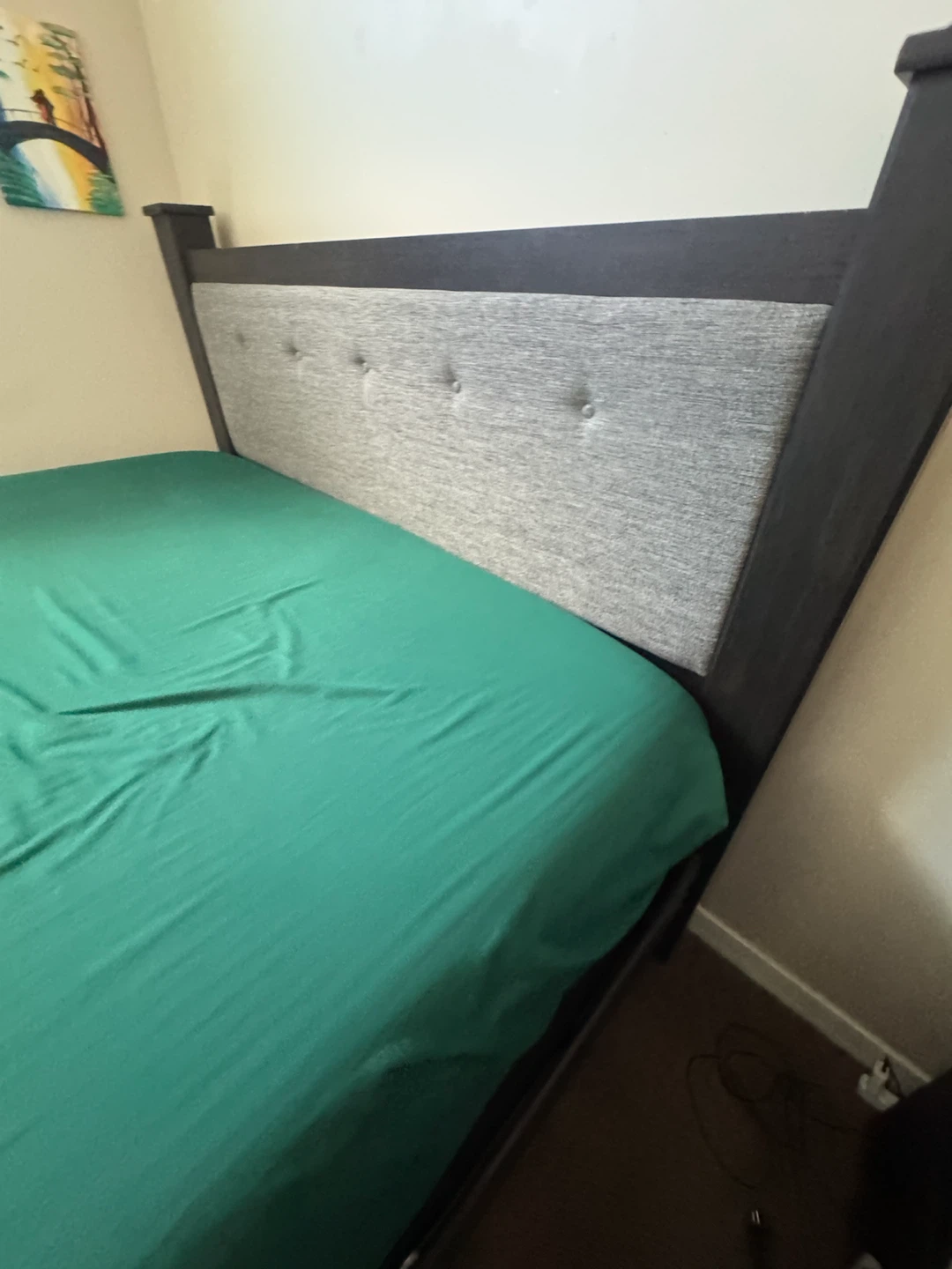 Dark Wood Bed Frame with Upholstered Headboard