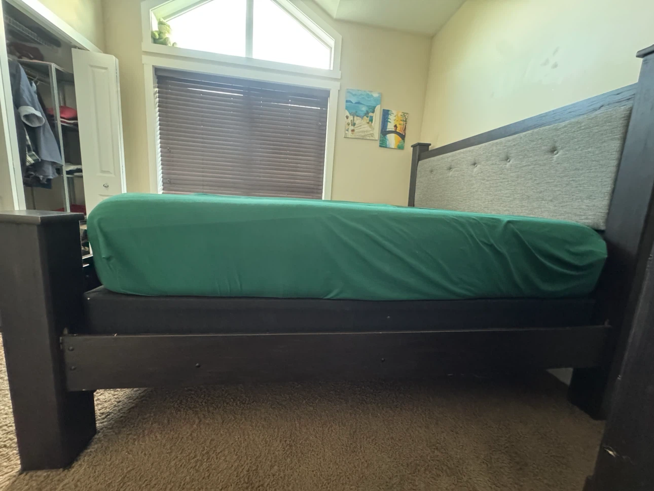 Dark Wood Bed Frame with Upholstered Headboard - photo 2